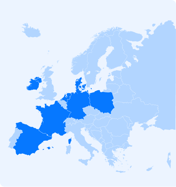Map highlighting Ireland, France, Spain, Germany, Netherlands, Poland